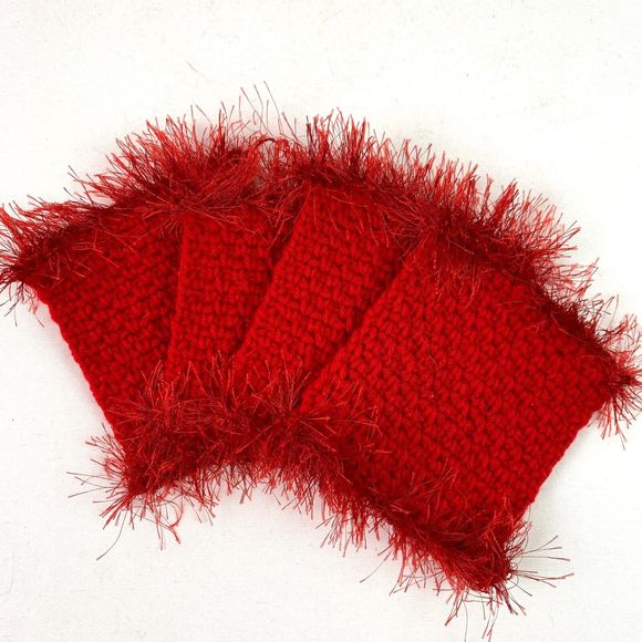 Mug Rugs Handmade Crochet Holiday Red Eyelash Edging Felt Back Set of 4 Coasters - Picture 8 of 8